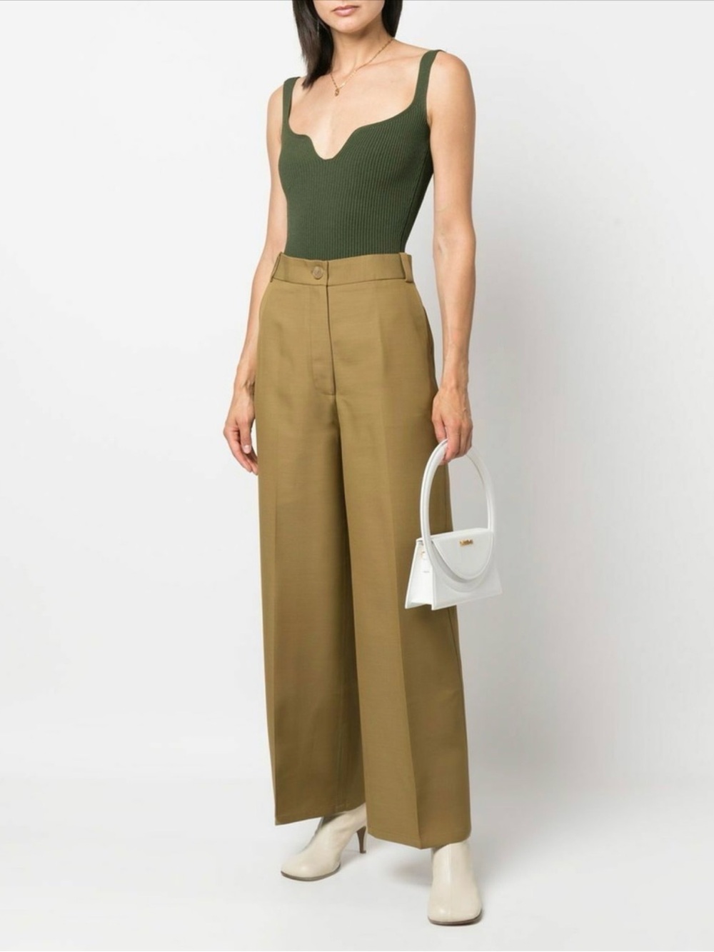 Khaite High-Waist Wide Leg Dress Pants - Olive/Tan